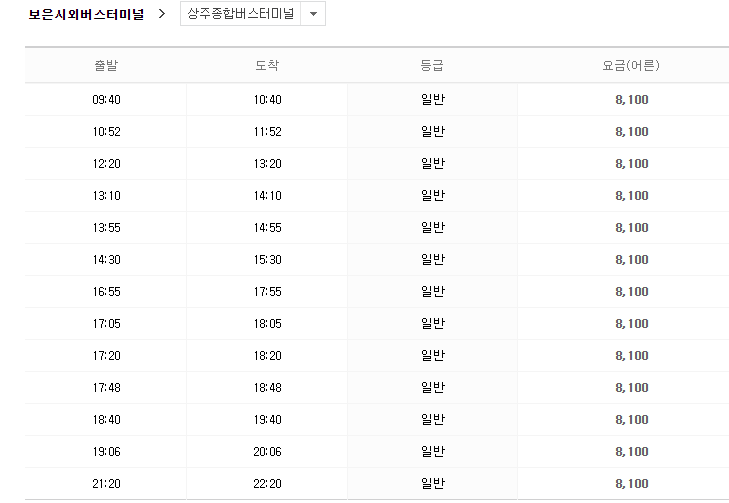 보은시외버스터미널 시간표-(동서울,남부.센트럴시티)에서 보은 관광명소