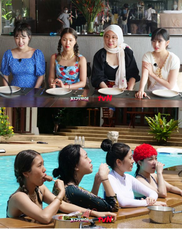 tvN 예능프로그램 '뿅뿅 지구오락실'에 출연 중인 이은지 미미 이영지 안유진(사진 위 왼쪽부터)은 프로그램을 통해 각자의 개성과 매력을 발산하고 있다. /tvN 제공